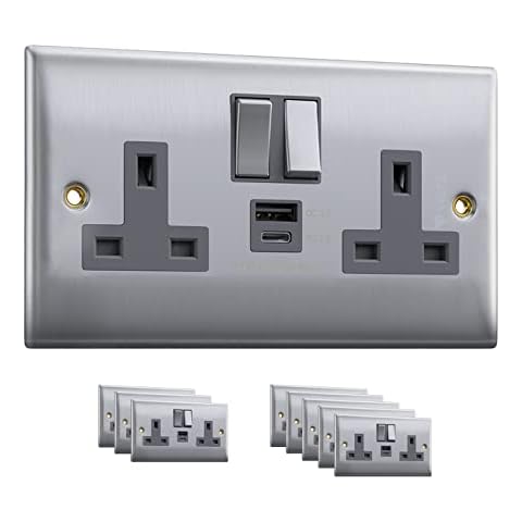 USB C Socket | 20W PD USB C & 18W QC 3.0 USB A | Super Fast Charging | VELTZ Pro | Double Plug Wall Socket 13A 2 Gang | Brushed Steel Cover