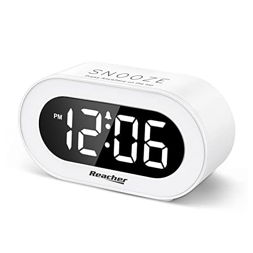 REACHER Small LED Digital Alarm Clock with Snooze, Simple to Operate, Full Range Brightness Dimmer, Adjustable Alarm Volume, Outlet Powered Compact Clock for Bedrooms, Bedside, Desk, Shelf(White)
