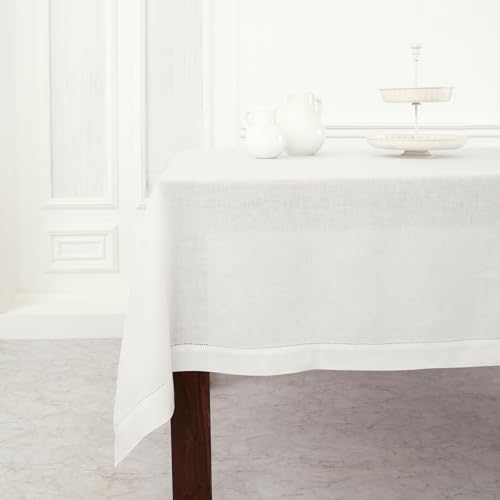 Solino Home 100% Pure Linen Tablecloth White, Classic Hemstitch 60 x 156 in