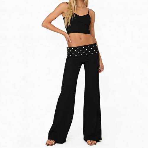 Image of Lounge Yoga Pants for Women Fold Over Low Waist Wide Leg Bell Bottoms | Y2K Foldover Pants, Flare Leggings, Low Rise Yoga Sweatpants