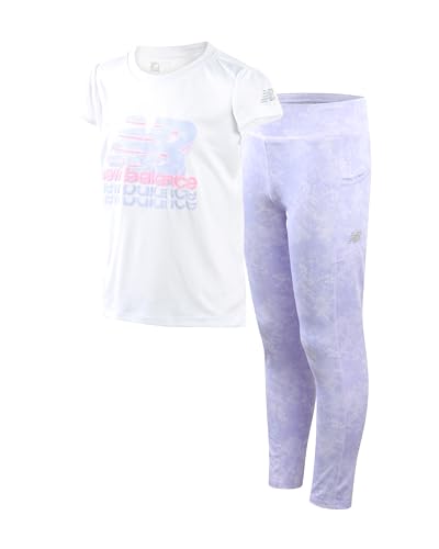 New Balance Active Girls Leggings Set - 2 Piece Short Sleeve Girls Shirts and Leggings Kids Yoga Athletic Workout Set (7-16)