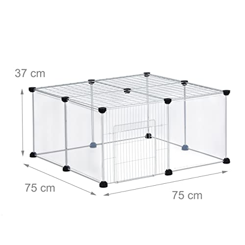 Relaxdays Freilaufgehege, HBT 37 x 75 x 75 cm, Freigehege mit Tür & Abdeckung, DIY Kleintiergehege, transparent, weiß