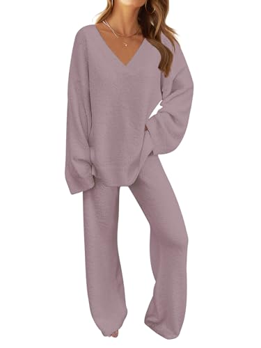 MEROKEETY Womens Fall Lounge Sets 2026 Fashion 2 Piece Outfits Sweater Pajama Set Fuzzy Loungewear Matching Winter Clothes Taro S