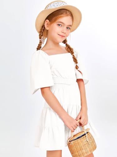 Batermoon Girls Summer Dress Square Neck Short Sleeve Crossover Waist Casual A-line Mini Dress2