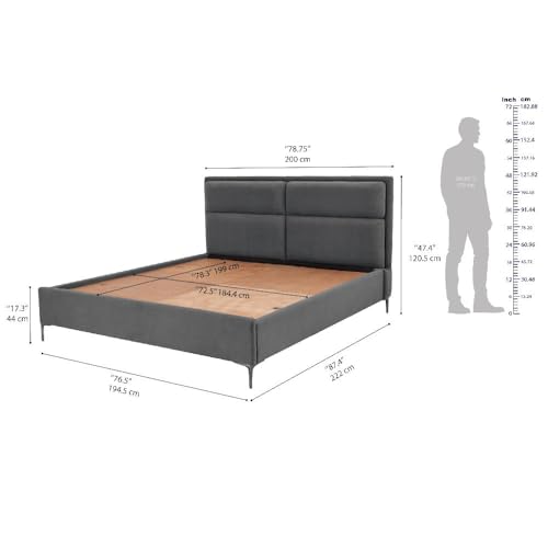Image of Wakefit Bed | King (78 X 72) Solid Wood Bed, Upholstered, Without Storage, 3 Year Warranty - Zewail - Velvet Space Grey
