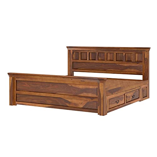 Image of Torque Allen Solid Wood King Size Bed with Storage Drawer - Brown | Wooden Palang Diwan Cot for Living Room Furniture | Double Bed for Sleeping