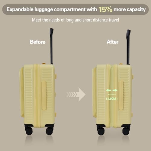 20 Inch Luggage with Spinner Wheels,Expandable Front Opening Suitcase 100% PC Hard Shell TSA Lock, Smooth Rolling Wheels, Lightweight Travel for Men and Women, Y03 Yellow Slightly Larger4