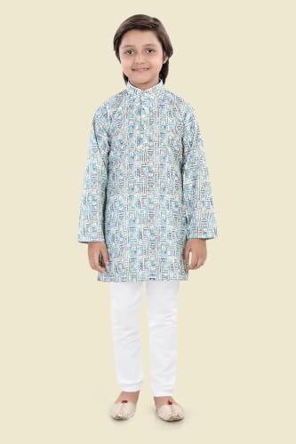 Image of Boys Cotton Full Sleeve Printed Kurta Pyjama Set, Chikankari Kurta Kids Ethnic wear Festive & Traditional Outfit | Boys Kurta Pajama Set