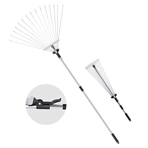 ORIENTOOLS Steel Leaf Rake, Telescopic Leaves Rake with Adjustable 8”- 23” Folding Head