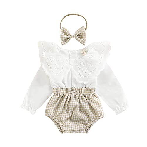 Infant Baby Girl Fall Winter Outfits Long Sleeve Romper Lapel Floral Lace Bodysuit Plaid Patchwork One-Piece Onesie (White-Lace Plaid, 6-12 Months) #TOP9