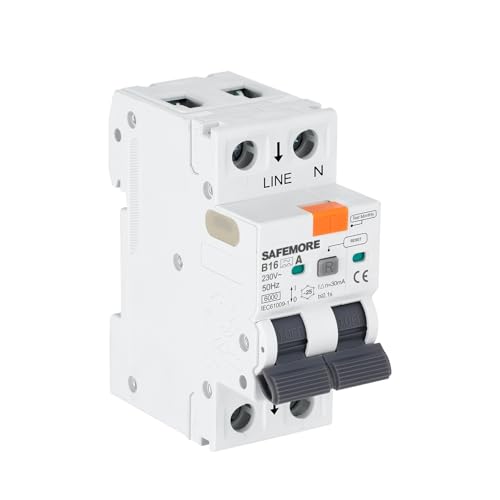 SAFEMORE Interruptor FI/LS RCBO 1P+N, 16 A, 30 mA, 6 kA, tipo A, curva B, 230 V, interruptor de corriente residual con protección contra sobrecarga, montaje en carril DIN