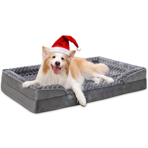 KSIIA Orthopedic Dog Beds Large, Memory Foam Dog Sofa Bed with Removable Cover and Non-Slip Bottom, Washable Pet Cushion with C-Shape Bolster, Pet Pillow with Waterproof Linner, 91x68x16cm Grey