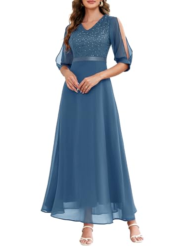 Wedtrend Lange Abendkleider mit Ärmel Elegant Abendkleider Spitzenkleid Abendkleider Elegant für Hochzeit Abendkleider mit Gürtel Lang Dunkelgrün Kleider WT0317 Greyblue XL