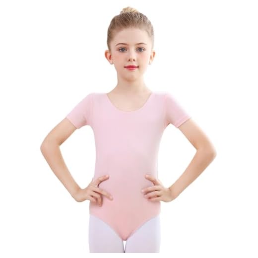 Monbessi Ballettanzug Mädchen Kurzarm - (Gr.100-150) - Tanzbody Gymnastikanzug, Baumwolle Ballettbody Kinder Ballett Trikot (120, Rosa)