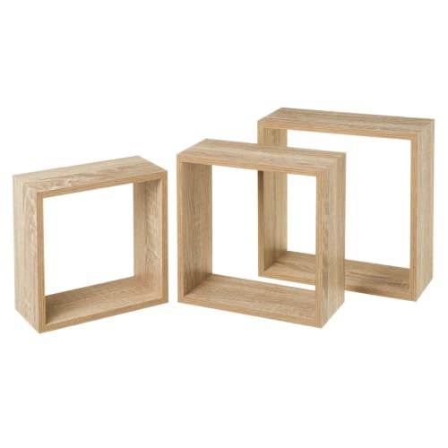 Set de 3 estantes de pared cuadrados roble claro de 30x30, 27x27 y 24x24 cm