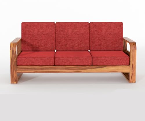 Image of Solid Sheesham Wooden 5 Seater Sofa Set for Living Room | Sofa Set with Side Pocket Storage & Cushion | Rosewood Sofa Set for Home (Honey with Red Cushion, 5 Seater)