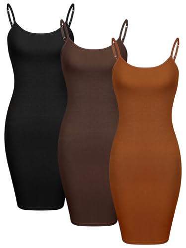 WILLBOND 3 Pieces Basic Cami Women Long Tanks Dress with Strap, Solid Color (Black, Caramel, Dark Brown,XXL)