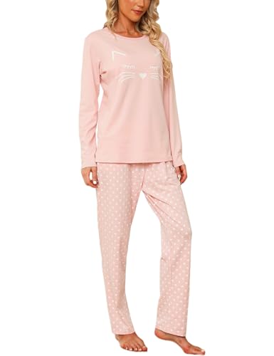 EISHOPEER Women's 2 Piece Cotton Long Sleeve Pajamas Set Cute Print Top and Pants Pjs Loungewear Sleepwear Sets
