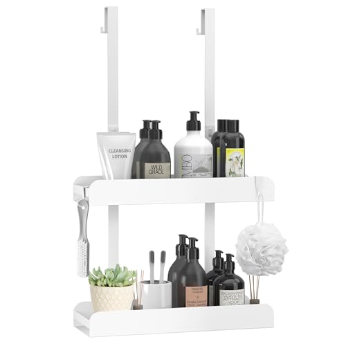 MEIJO Duschregal Zum Hängen Duschablage Ohne Bohren Duschkorb Badezimmer Organizer Shampoo Halterung Dusche Duschablage Zum Hängen mit 4 Haken Für Rahmenlos Glastür Badezimmer Küche Weiß