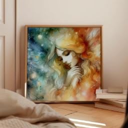 Portrait de fille à l'aquarelle sur toile 65x65 cm pour chambre
