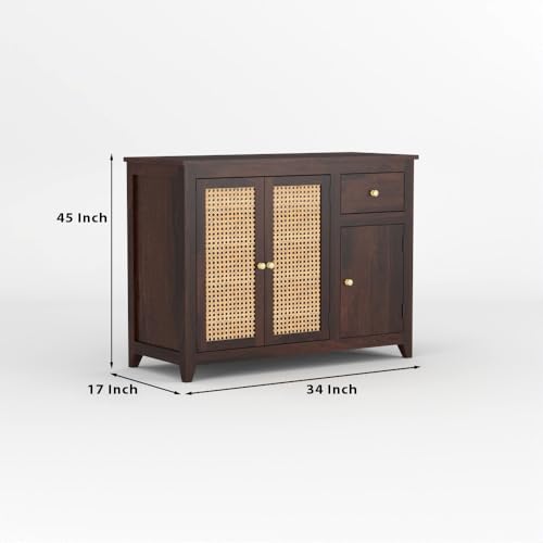 Image of Solid Sheesham Wood Sideboard Cabinet for Living Room | Crockery Cabinet with 2 Rattan Cane Door | Kitchen Display Unit 2 Rattan Cane Doors,1 Door Cabinet & 1 Drawer (Walnut Finish)