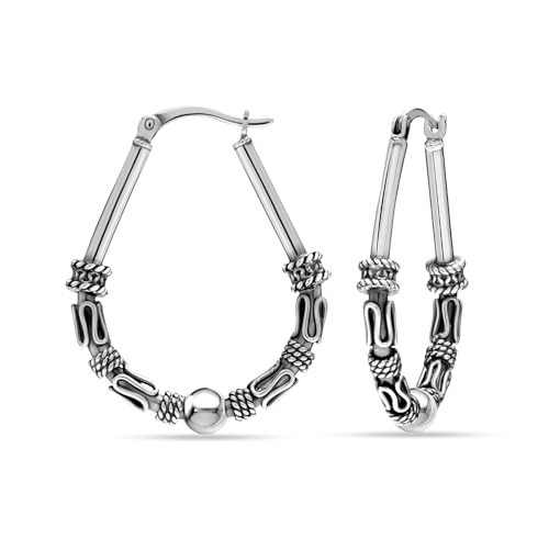 LeCalla 925 Sterling Silver Hoop Earrings - Classic Italian Antique Diamond Cut Textured Earring Hoops | Women's Drop Shape Oval Hoop Earring Jewelry for Women