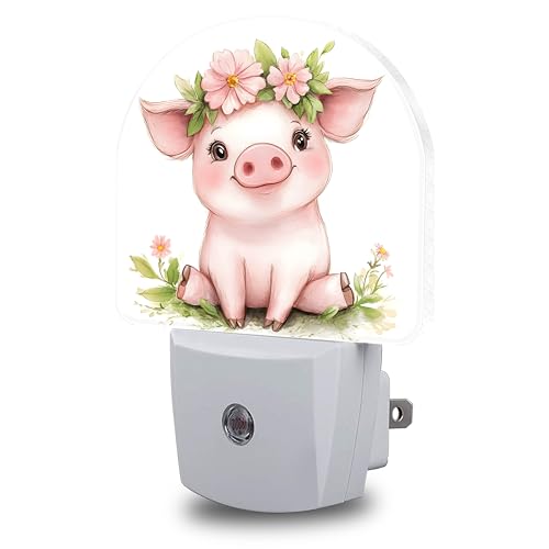 Image of Night Lights Plug into Wall Cute Pig with Flower Crown Night Light Dusk to Dawn Smart Sensor Decorative Round Led Lamp for Bedroom Kitchen Hallway Nightlight for Women Men