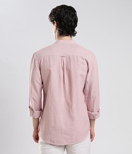 Image of TURMS Men's Casual Solid Linen Shirt | Water Repellent | Anti Stain Anti Odor | Kansas Linen | Mandarin Collar | Full Sleeves