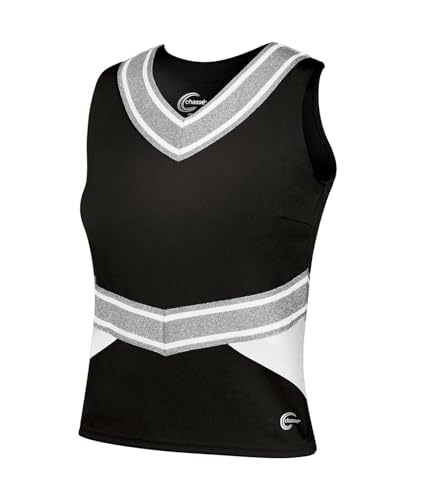 chassé Cheerleading Uniform Top for Girls - Blaze Boost, Fitted V-Neck Shell Top (YS, Black/White/Metallic Silver)