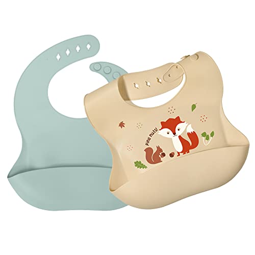 Image of ILEYLUY Silicone Baby Bibs for Babies & Toddlers Set of 2, Feeding Bibs Unisex Soft Adjustable Waterproof BPA Free(Blue,Fox)