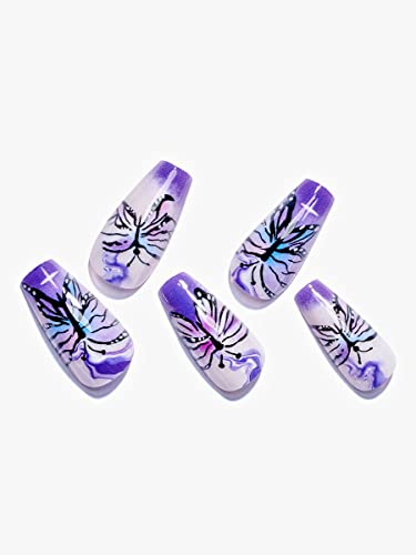 GLAMERMAID Press on Nails Medium Coffin Violet Blue Butterfly