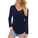 Elesomo Womens V Neck Tshirts Casual Long Sleeve Cotton Tee Shirt Tops, Navy Blue L