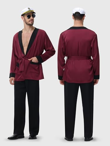 Halloween Red Silky Robe Jacket Men's Captain Costume Set Pajama Pants Outfits Captain Hat Sunglasses Accessories