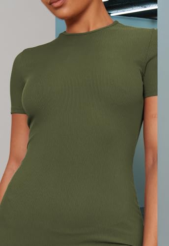 Image of Women's Crew Neck Short Sleeve Slim Fit Ribbed T Shirt Casual Midi Bodycon Dress