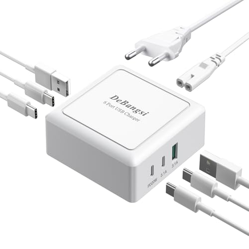 Cargador USB Multiple 50W, 6 Puertos Cargador Multiple USB, Estación de Carga USB, Enchufe de Escritorio con USB-C y USB-A, Cargador Rápido para iPhone 16/15/14/13/12,Pixel, Samsung Galaxy S24 S23