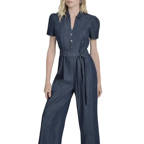 Image of DKNY Women's Belted Polo Collar Ruched Sleeve Jumpsuit