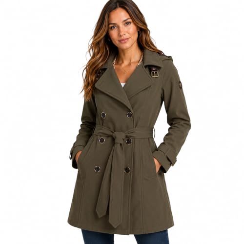 Image of Jessica Simpson Womens Trench Coat - Lightweight Belted Softshell Jacket - Polar Fleece Lined Hooded Long Coat for Women, Size Large, Olive