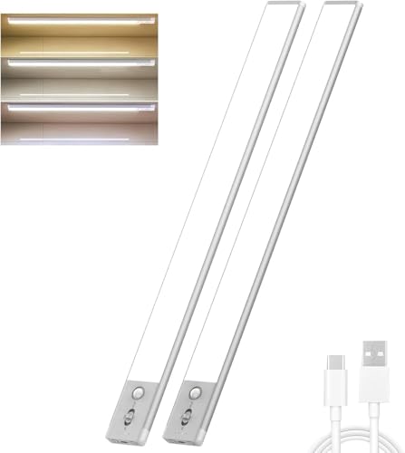 Image of Under Cabinet Lights 2 Pack,128 LED Rechargeable Battery Operated Motion Sensor Light Indoor, Magnetic Dimmable Closet Lights, Wireless Under Counter Lights for Kitchen, Stairs (Silver)