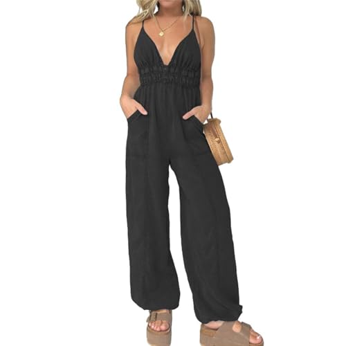 Damen-Jumpsuit mit tiefem V-Ausschnitt, gesmokte elastische Taille,...