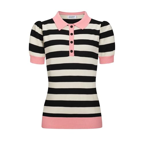 Polo de manga corta mujer OXKNIT con mangas abullonadas y punto de algodón a rayas