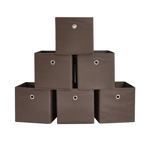 Webeasy Square Brown Canvas Fabric Storage Box, Pack of 6 Eyelet Cube Foldable Open Bins for Home Office Nursery Organisation,28X28X28(cm) Brown
