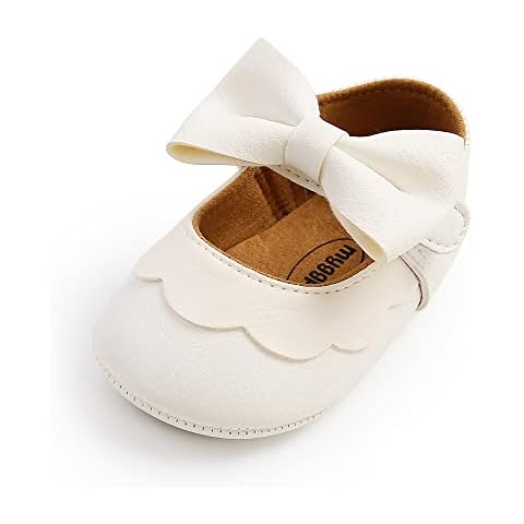 MASOCIO Baby Girl Shoes Infant Girls First Walking Pram Crib Bow Christening Mary Jane Shoes Size 4 UK Child 12-18 Months White Cover