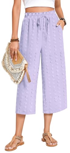 Anyhold Womens Capri Pants Loose High Waisted Wide Leg Lounge Pants Drawstring Casual Swiss Dot Palazzo Trousers with Pockets