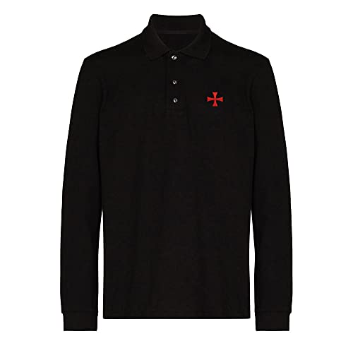 Mens Polo Shirts Knights Templar Cross Embroidered Long Sleeve Polo Shirt Cotton Tennis Shirts for Men