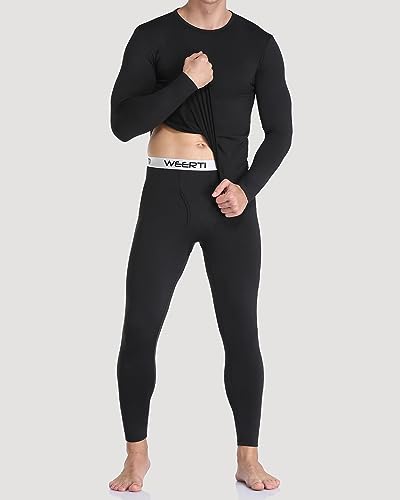 Weerti Thermal Underwear For Men Long Johns With Fleece Lined Long Underwear Set Cold Weather Winter Top Bottom (Black S) #TOP1