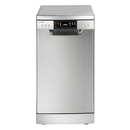 Teknix TFD455S Slimline Freestanding Dishwasher - 9 Place Settings - 30 Minute Rapid Clean - Extra Dry Function - Silver, H84.5 x W45.0 x D60.0 (cm)