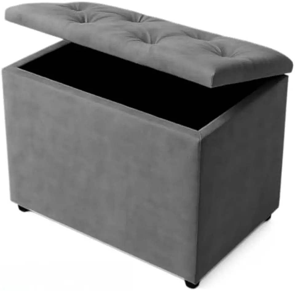 Baú Retangular Banquinho Puff Decorativo organizador Guarda Brinquedos Assento(CINZA SUEDE)