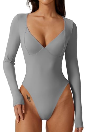 Image of QINSEN Women's Long Sleeve Bodysuit V Neck Body Suits Seamed Cup Going Out Tops Shirt
