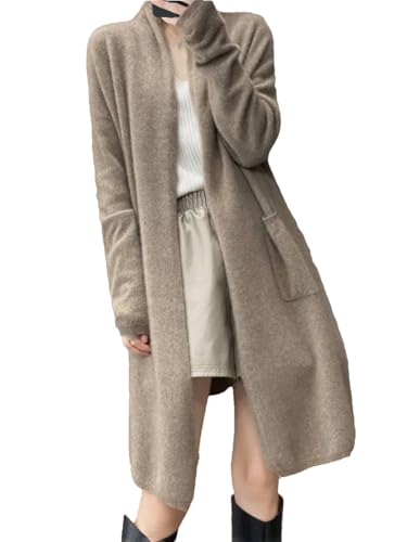 ERFMFKL Cárdigan de lana merino para mujer, manga larga, color liso, holgado, cálido, suéter de punto largo, Marrón y gris, Talla única