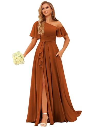 One Shoulder Bridesmaid Dresses for Women with Pockets Short Sleeve Ruffled Chiffon Formal Evening Gowns